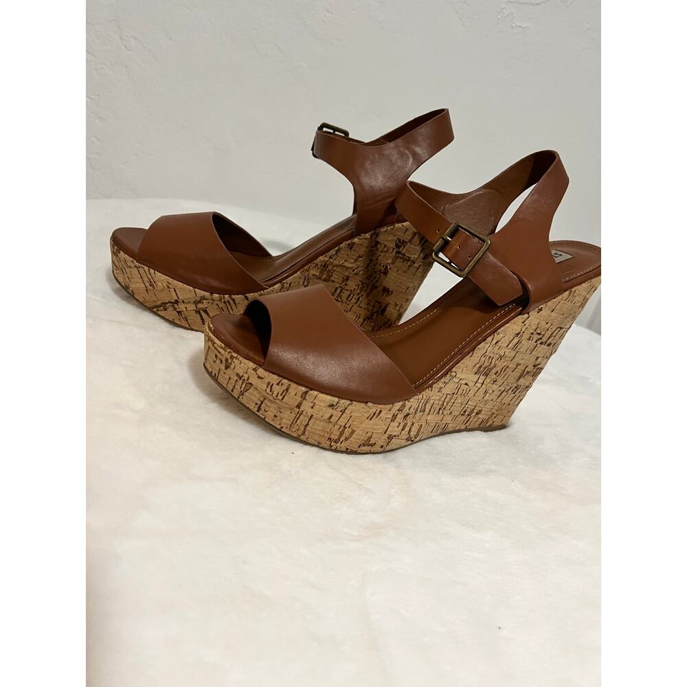 Steve Madden Eda Brown Cork Wedge Sandals Women’s Size 9.5 Peep Toe Platform